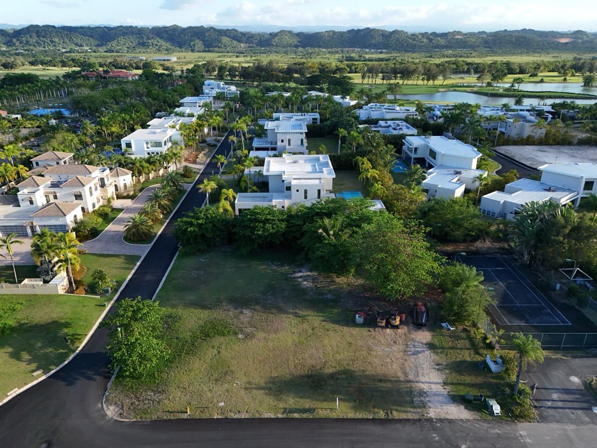 Aerial view of luxury residential development with modern homes and palm trees in Puerto Rico